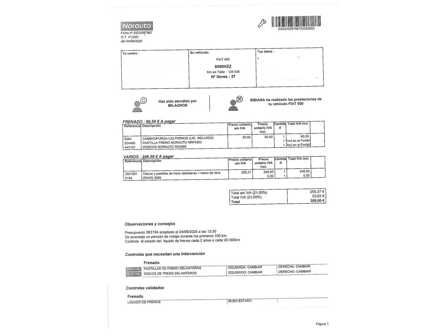 Foto del mantenimiento del Fiat 500 Fiat 500 1.2 8v Lounge (69 CV)