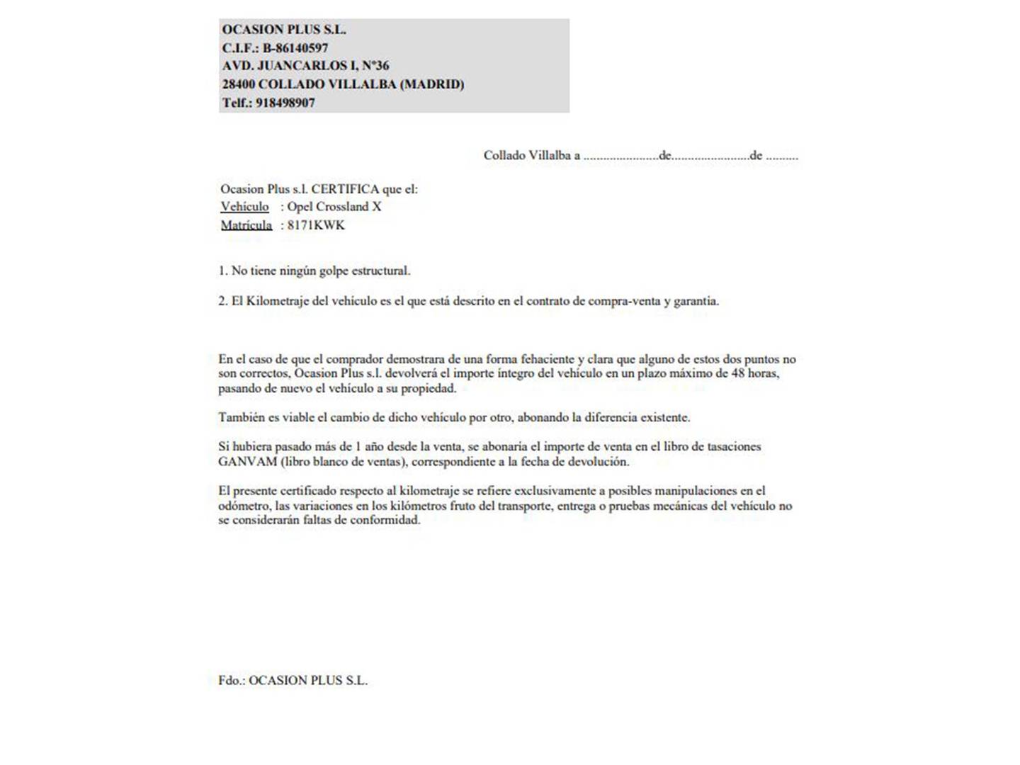 Foto del certificado del Opel Crossland X Opel Crossland X 1.5D S&S Innovation Auto (120 CV)