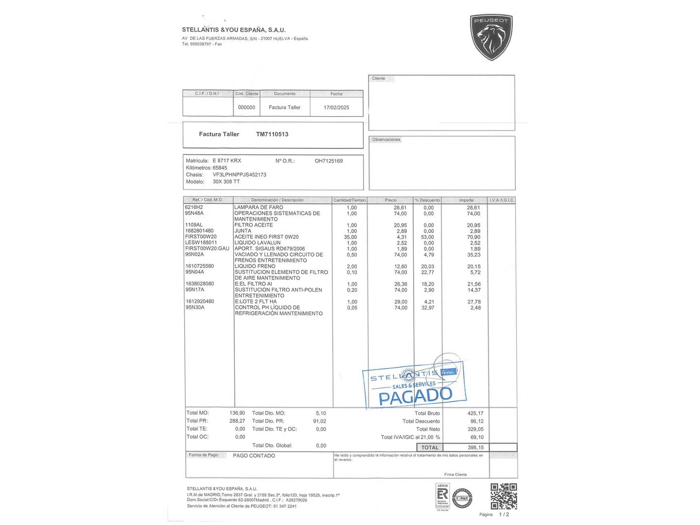 Foto del mantenimiento del Peugeot 308 Peugeot 308 PureTech 110 S&S Style (110 CV)