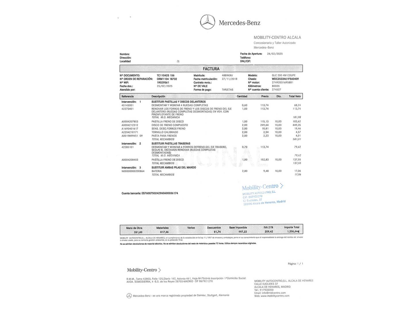 Foto del mantenimiento del Mercedes GLC Coupé Mercedes GLC Coupé 250 4Matic (211 CV)