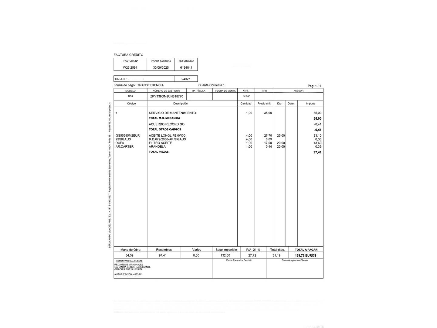 Foto del mantenimiento del DR AUTOMOBILES DR 4.0 DR AUTOMOBILES DR4 1.5  (116 CV)