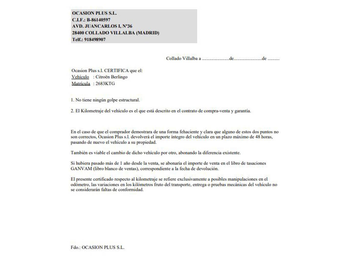 Foto del certificado del Citroën Berlingo Citroën Berlingo Combi BlueHDi 100 Talla M Feel (100 CV)