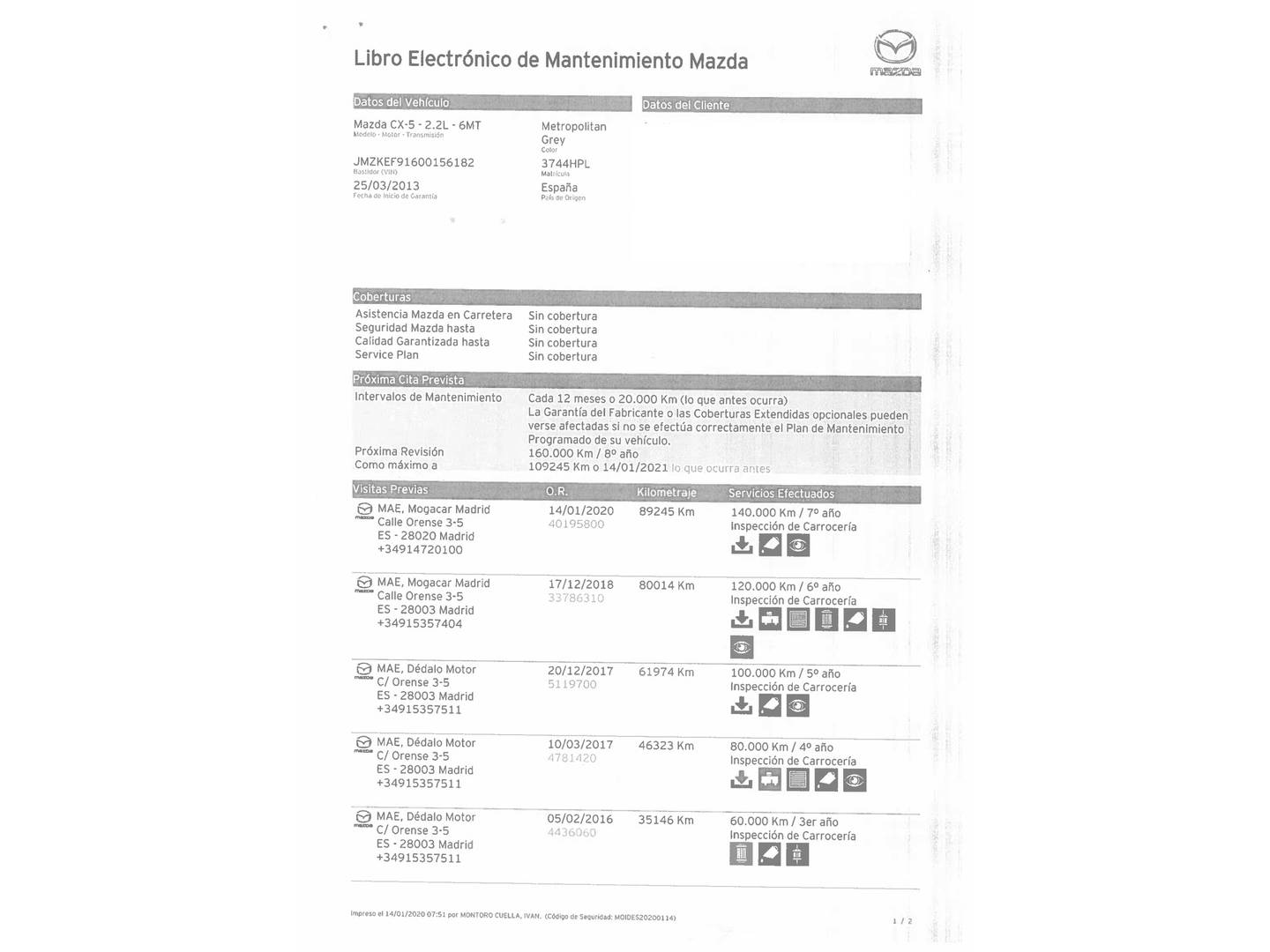 Foto del mantenimiento del Mazda CX-5 Mazda CX-5 2.2 DE Style 2WD (150 CV)