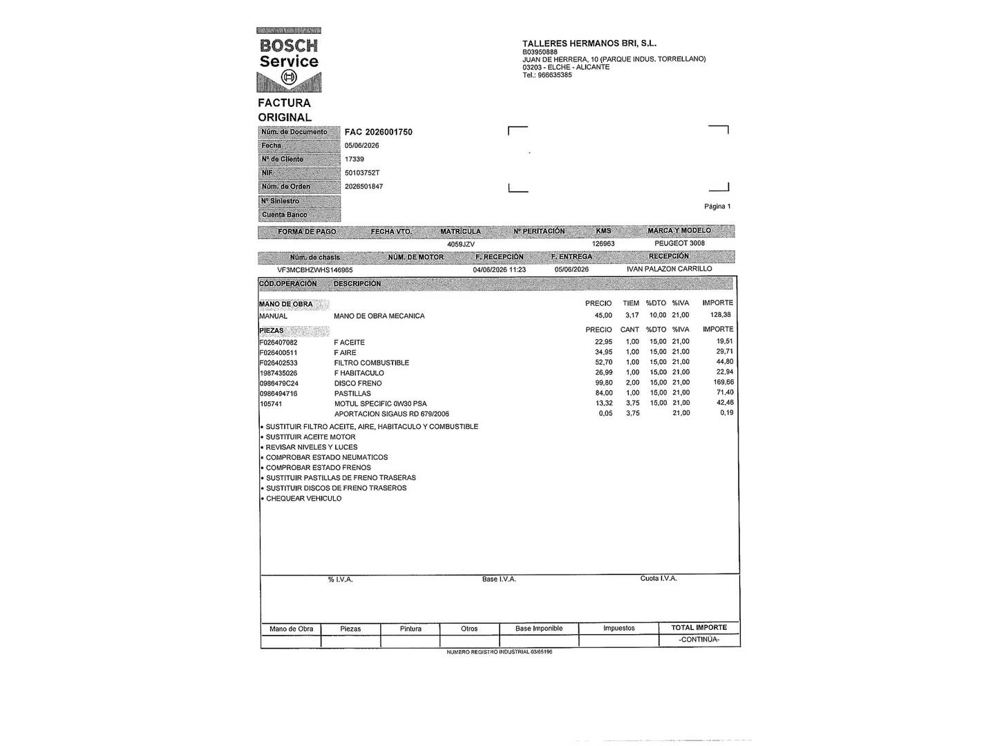Foto del mantenimiento del Peugeot 3008 Peugeot 3008 BlueHDi 120 S&S GT-Line Auto (120 CV)