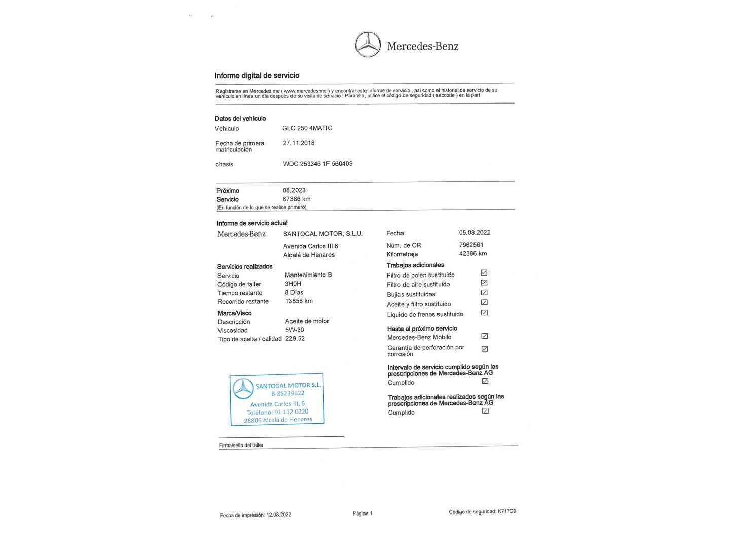 Foto del mantenimiento del Mercedes GLC Coupé Mercedes GLC Coupé 250 4Matic (211 CV)