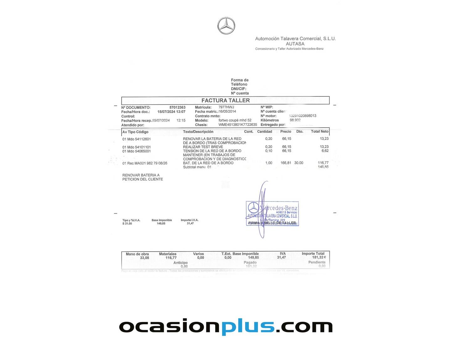 Foto del mantenimiento del Smart fortwo Smart ForTwo Coupe 52 mhd Pulse (71 CV)