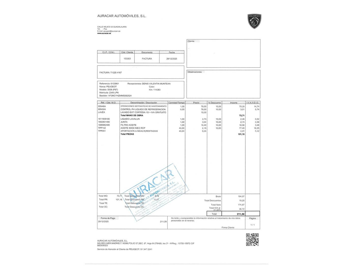 Foto del mantenimiento del Peugeot 5008 Peugeot 5008 BlueHDI 130 S&S GT (130 CV) 7 Plazas