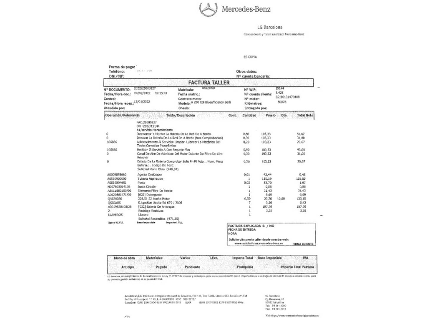 Foto del mantenimiento del Mercedes Clase A Mercedes-Benz Clase A 200 CDI Blue Efficiency Urban (136 CV)