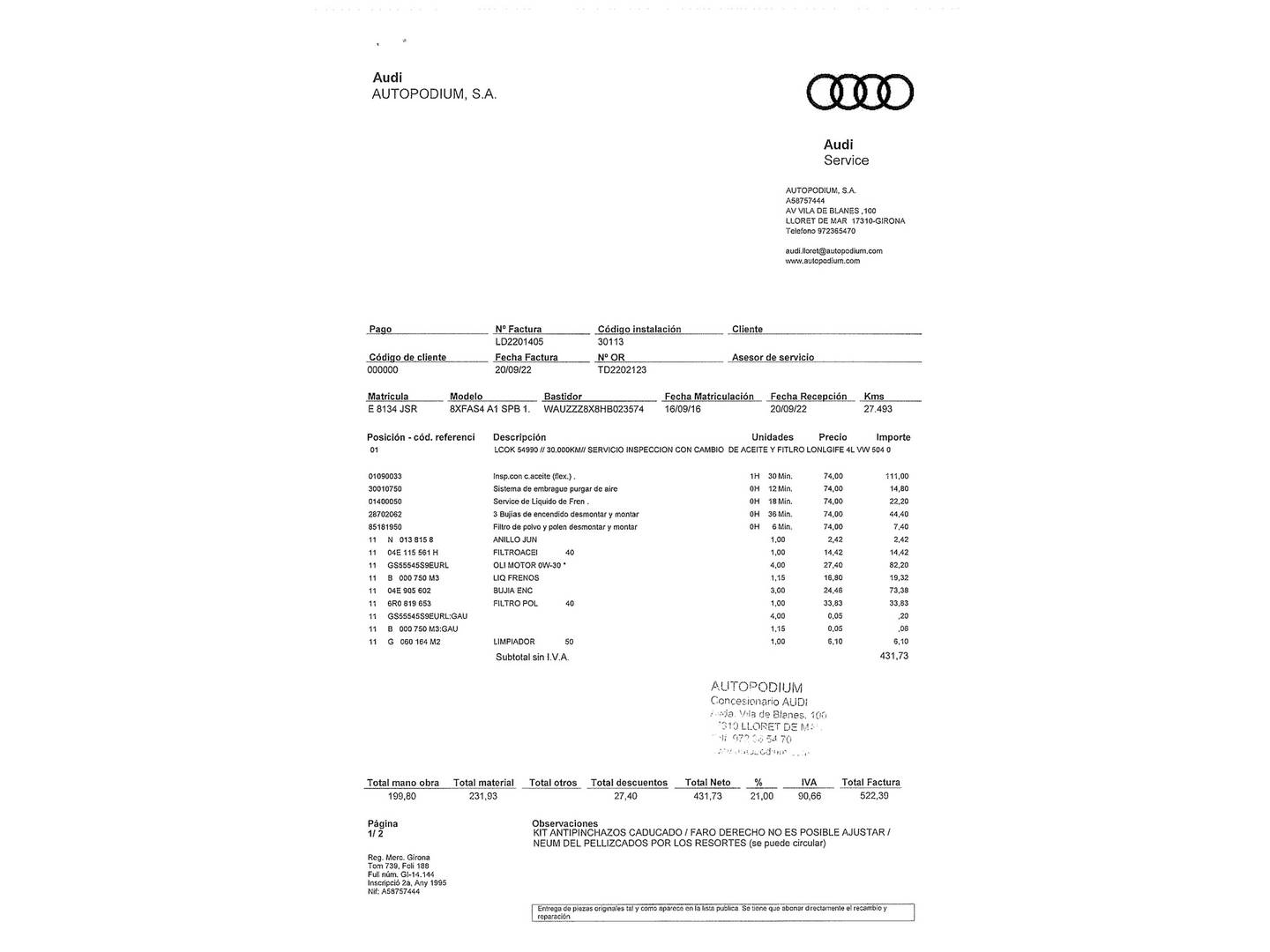 Foto del mantenimiento del Audi A1 Audi A1 Sportback Adrenalin 1.0 TFSI (95 CV)
