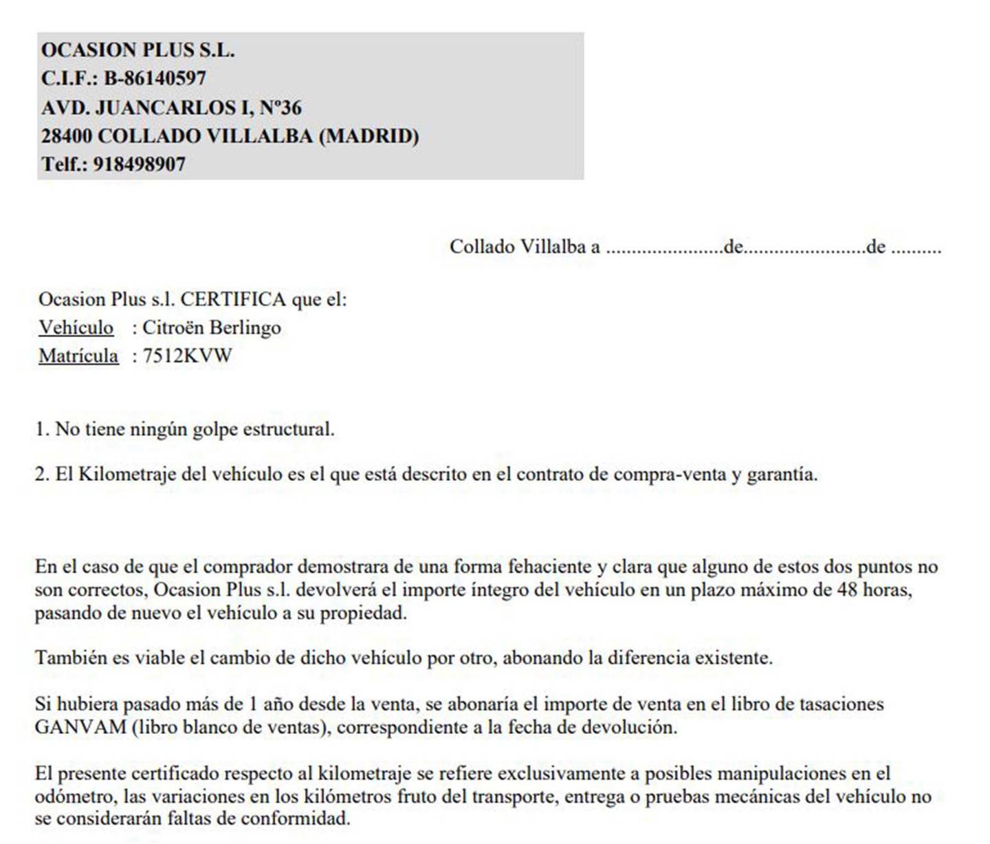 Foto del certificado del Citroën Berlingo Citroen Berlingo PureTech 110 Talla M Shine  Camparizada (110 CV)