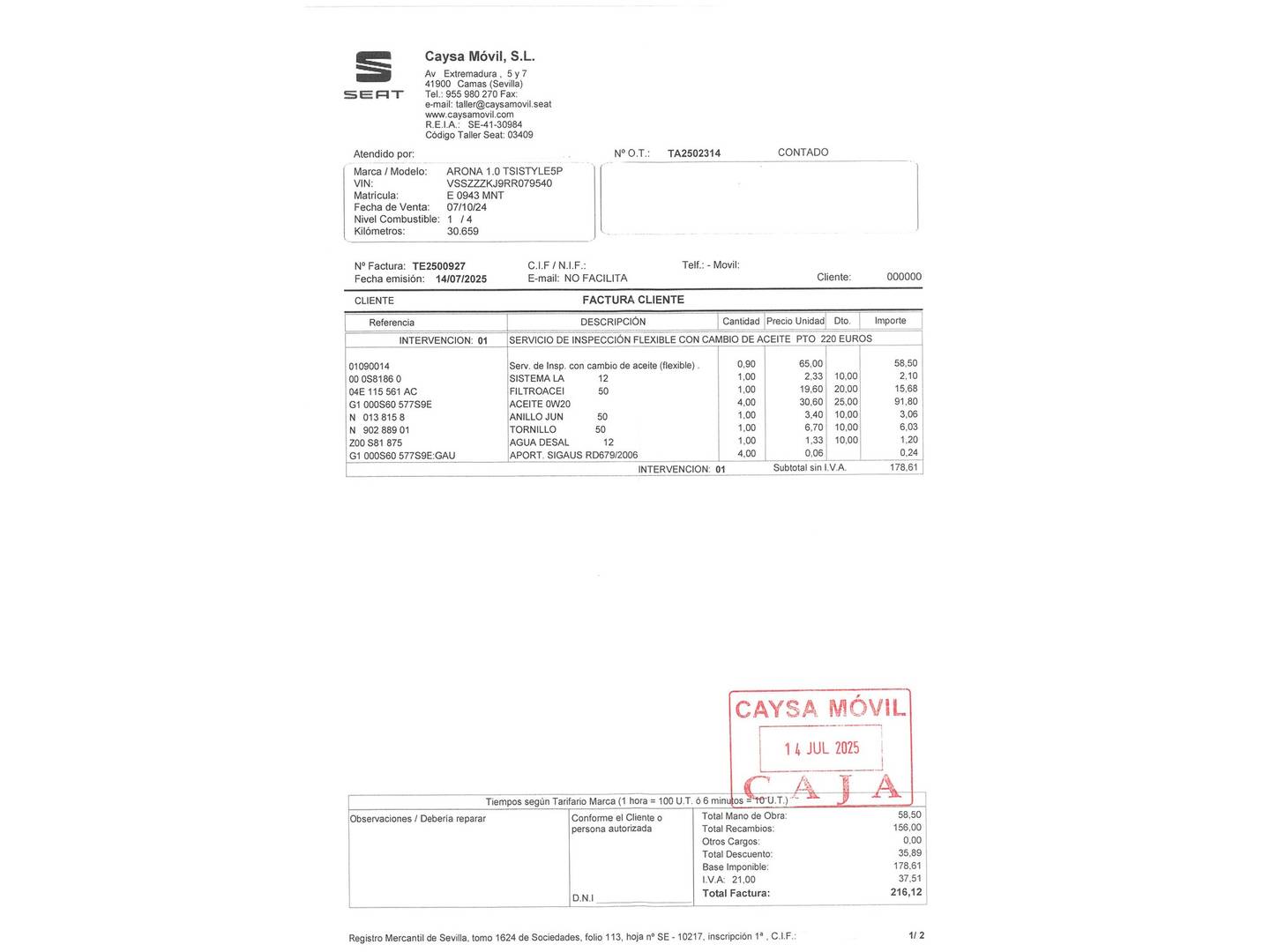 Foto del mantenimiento del Seat Arona Seat Arona 1.0 TSI Style XM (110 CV)