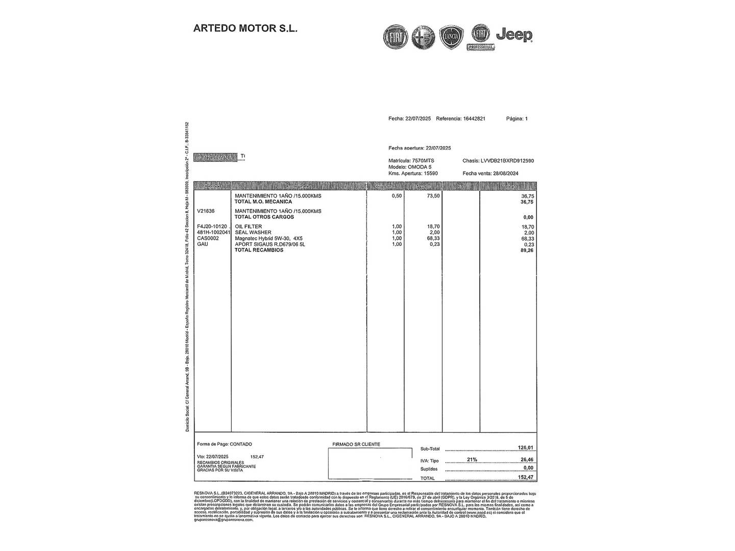 Foto del mantenimiento del OMODA 5 OMODA 5 1.6 T-GDI Premium DCT (185 CV)