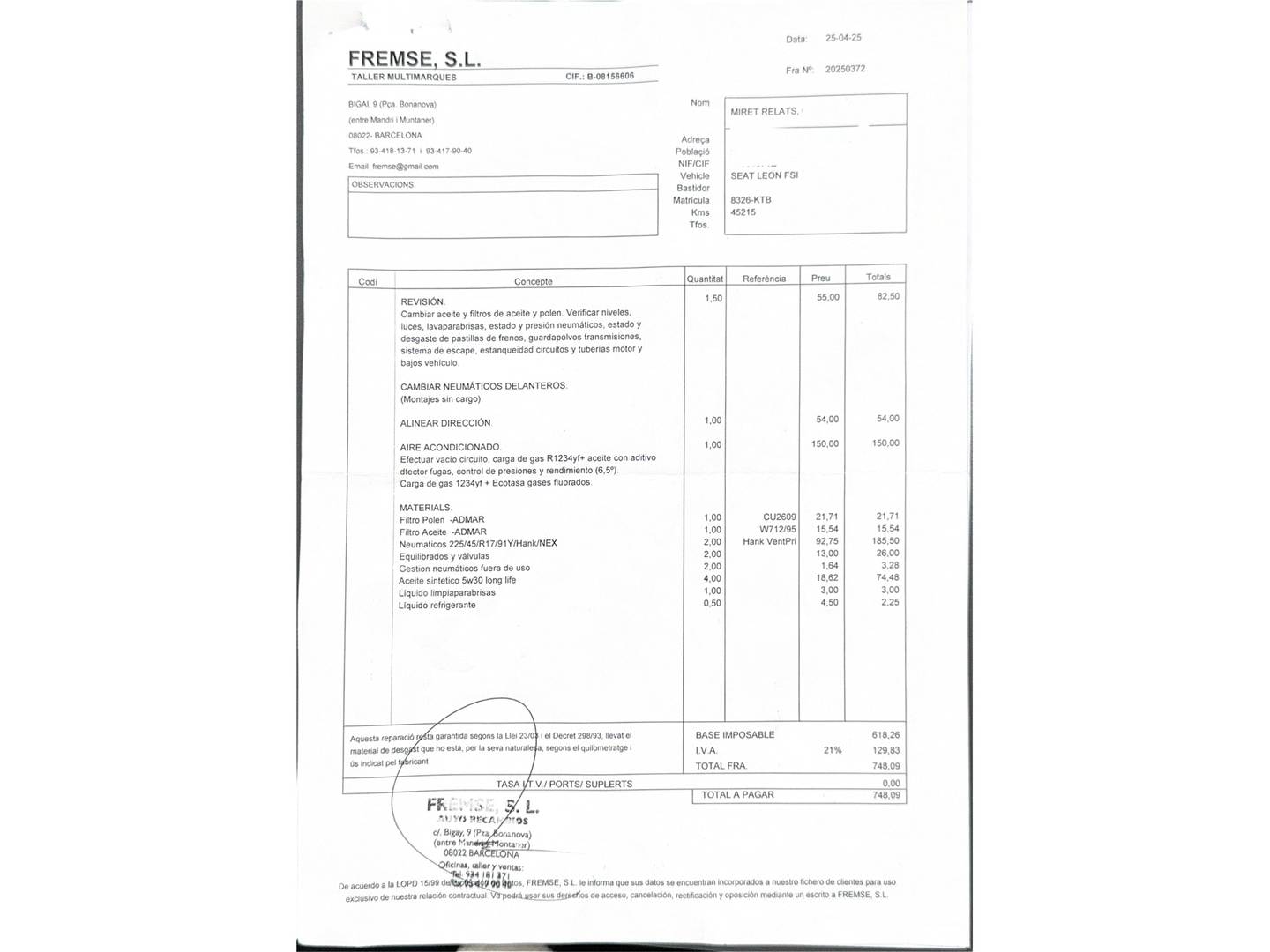 Foto del mantenimiento del Seat León SEAT León 1.5 TSI S&S FR DSG (150 CV)