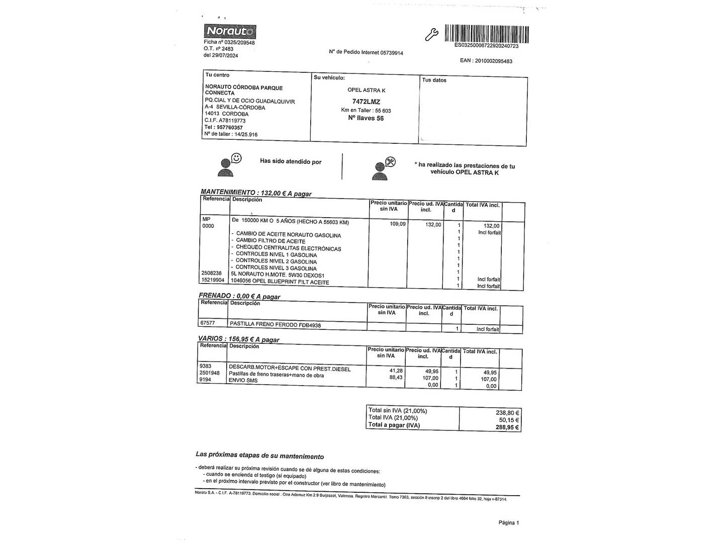 Foto del mantenimiento del Opel Astra Opel Astra 1.2T SHL (110CV) Edition