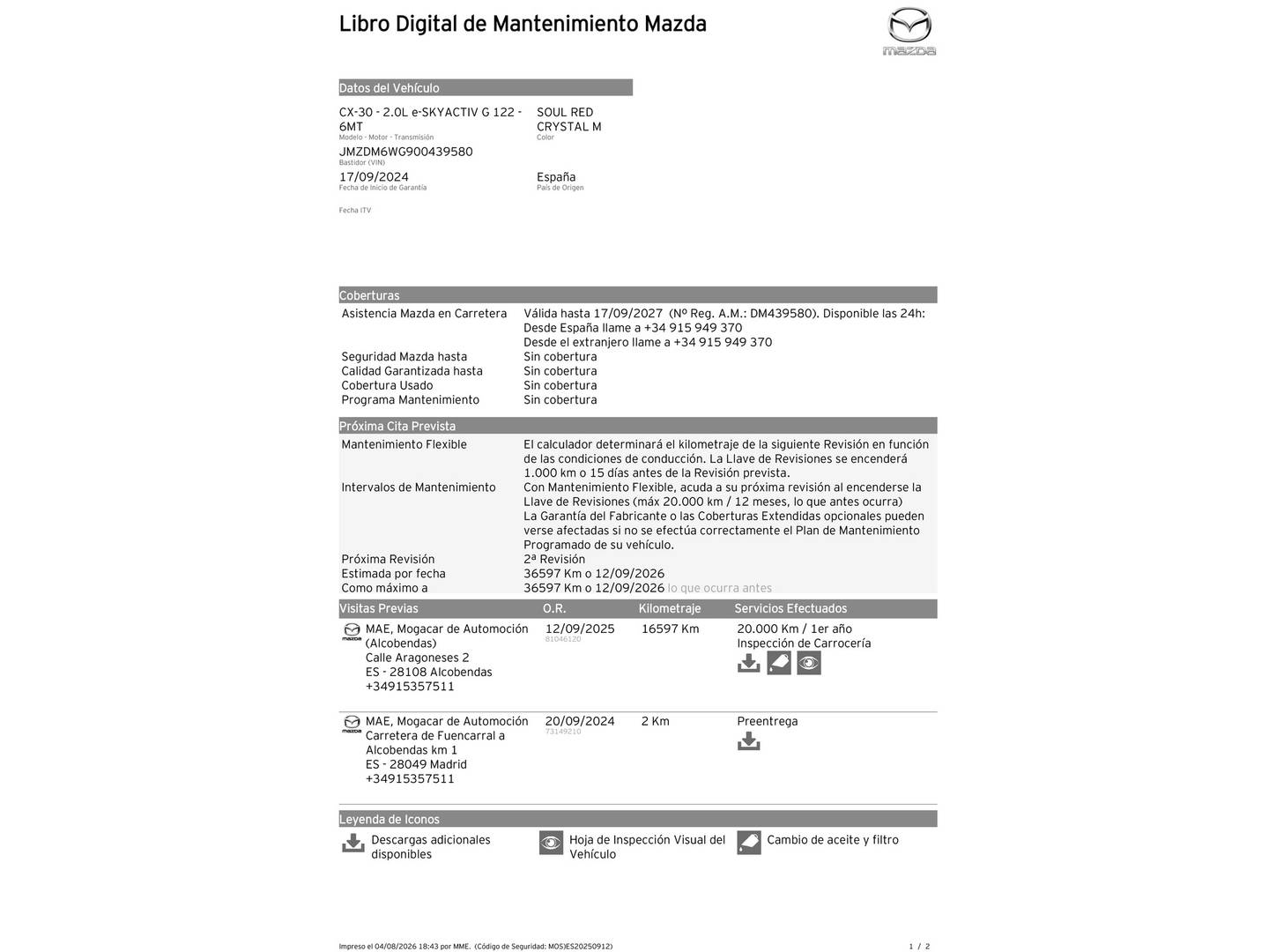 Foto del mantenimiento del Mazda CX-30 Mazda CX-30 e-Sky G MHEV Exclusive-Line Plus (150 CV)