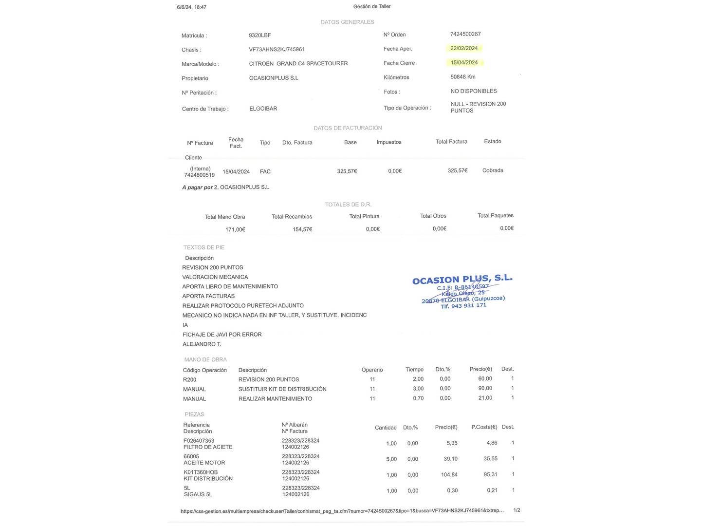 Foto del mantenimiento del Citroën Grand C4 Spacetourer Citroën Grand C4 Spacetourer PureTech 130 S&S Feel (130 CV) 7 Plazas