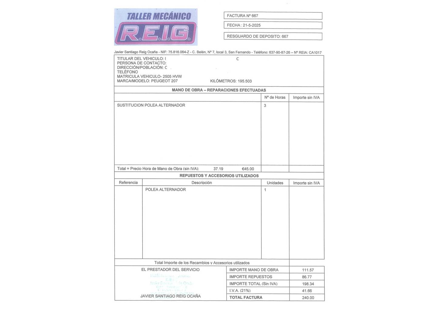 Foto del mantenimiento del Peugeot 208 Peugeot 208 1.4 HDi Business Line (68 CV)