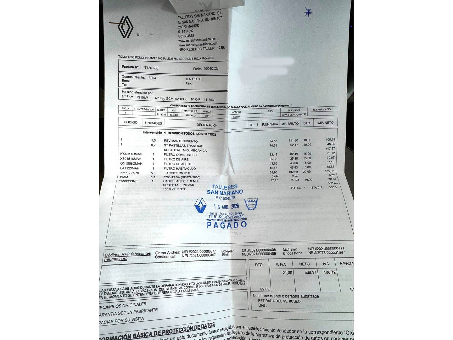 Foto del mantenimiento del Opel Astra Opel Astra 1.6 CDTi Dynamic (110 CV)
