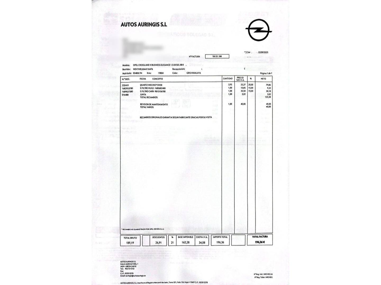 Foto del mantenimiento del Opel Crossland Opel Crossland 1.5D Business Elegance Auto (120 CV)