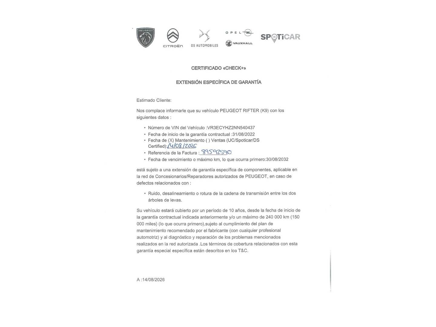 Foto del mantenimiento del Peugeot Rifter Peugeot Rifter BlueHDi 130 Allure Pack Standard (130 CV)