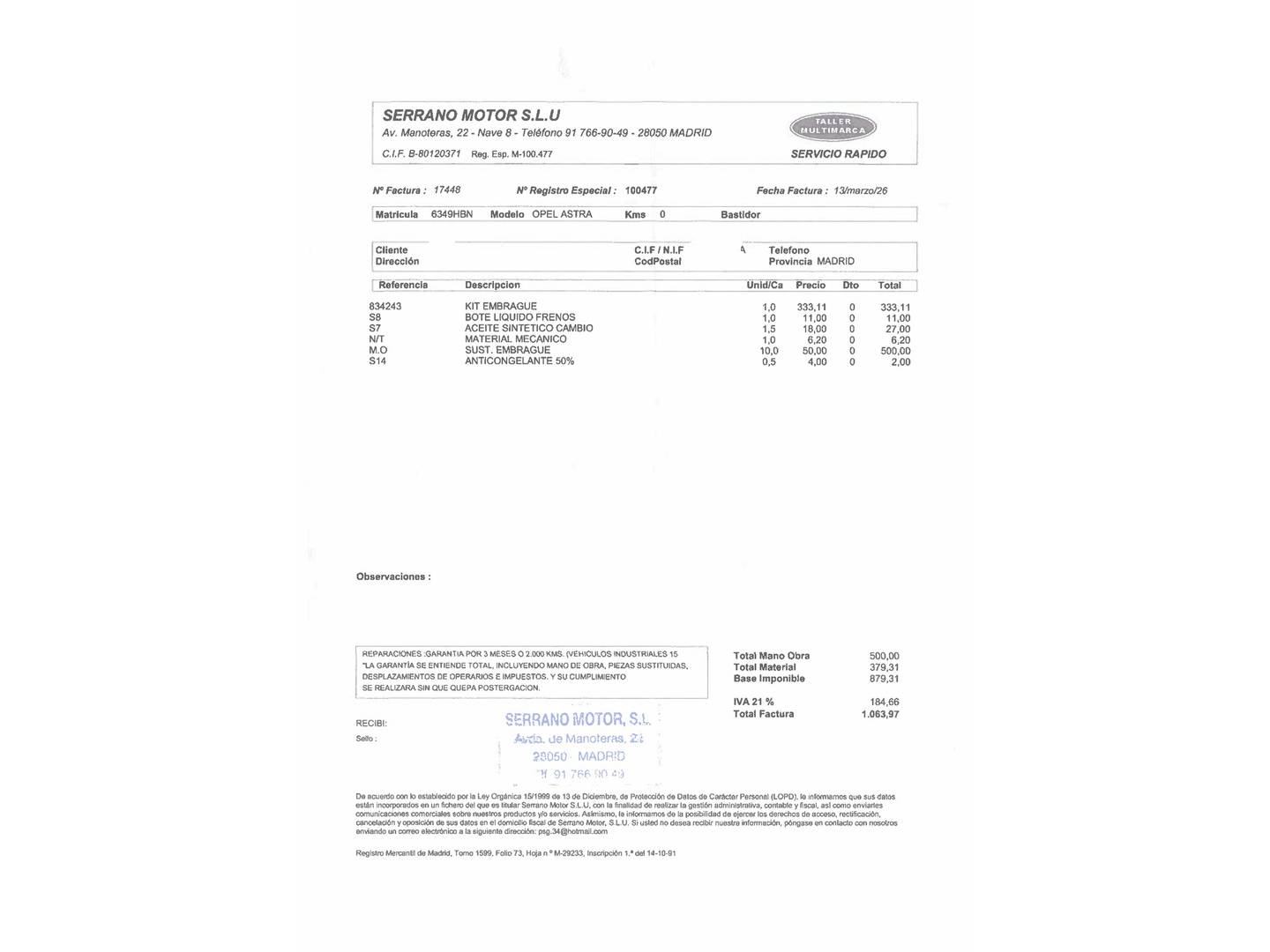 Foto del mantenimiento del Opel Astra Opel Astra 1.4 Essentia (100 CV)