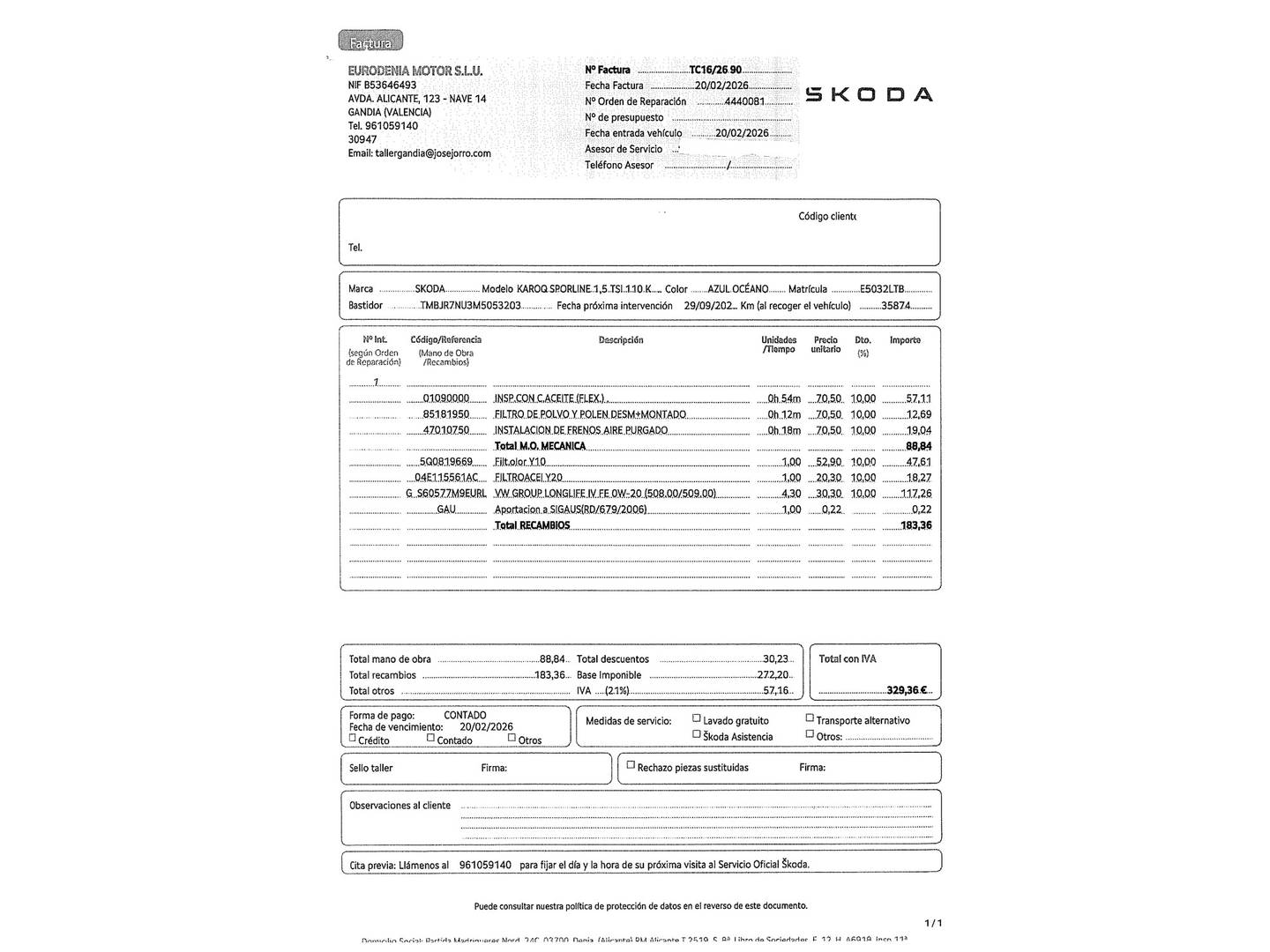 Foto del mantenimiento del Skoda Karoq Skoda Karoq 1.5 TSI ACT Sportline DSG (150 CV)