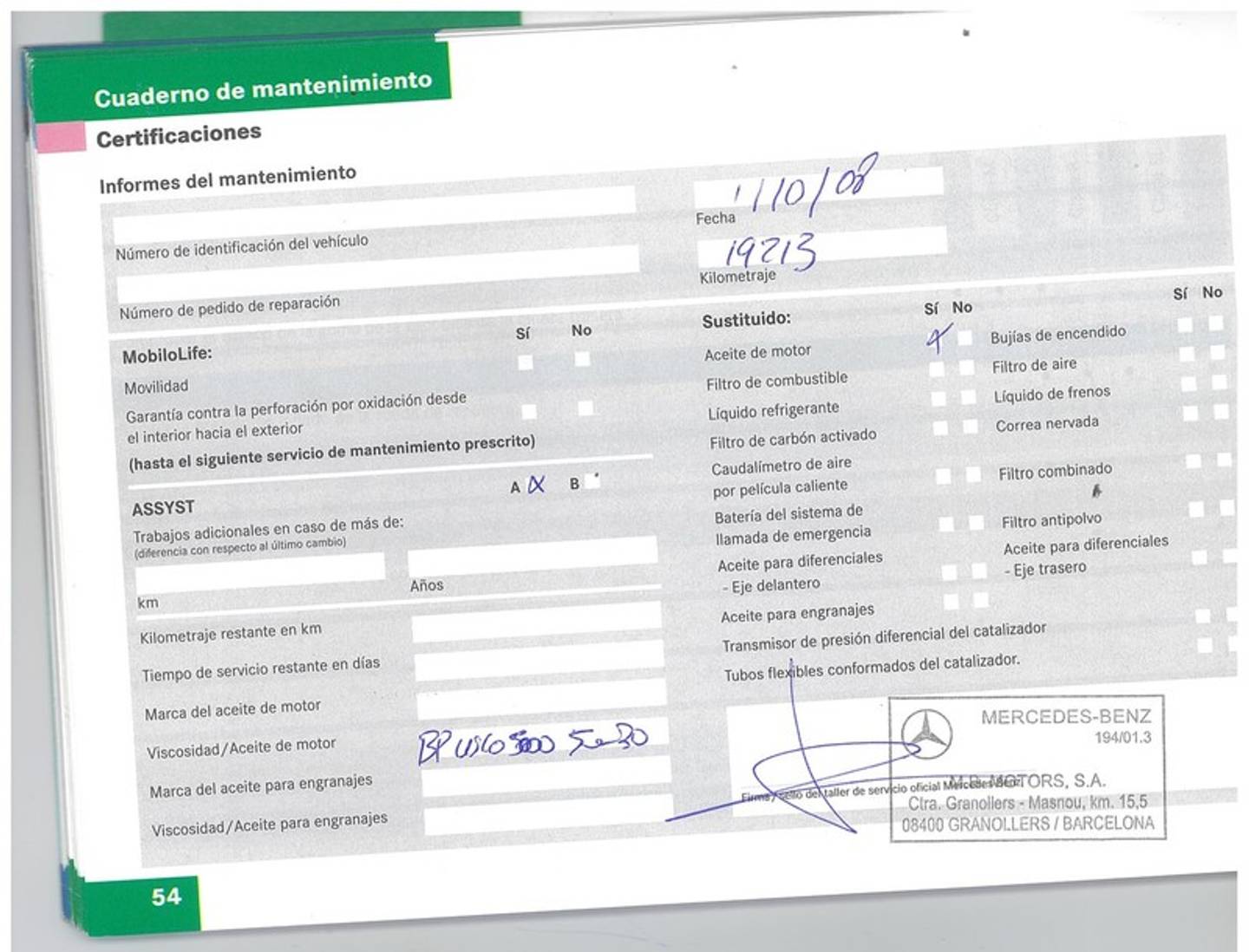 Foto del mantenimiento del Mercedes Clase SL Mercedes-Benz Clase SL SL 500  (306 CV)