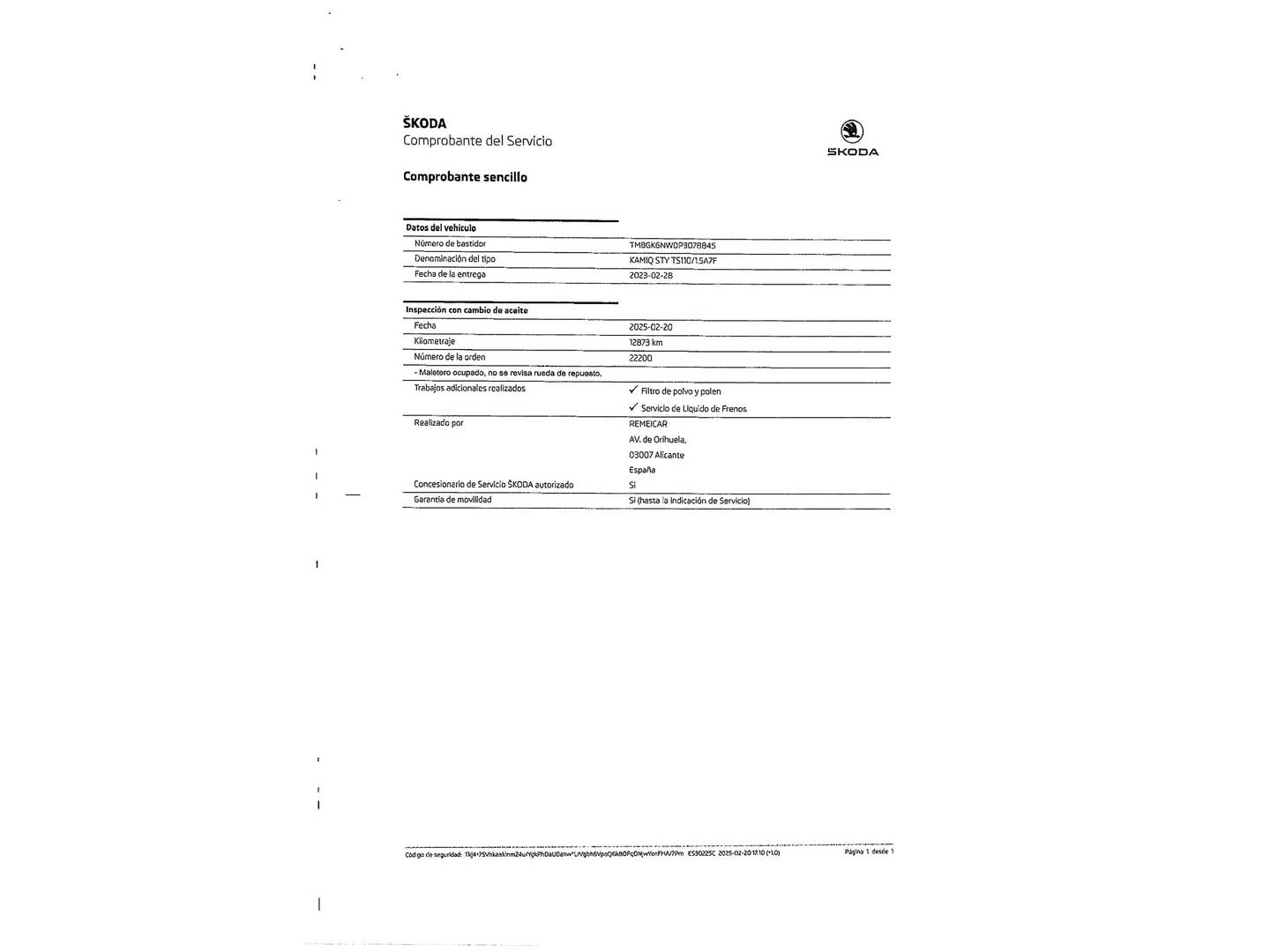 Foto del mantenimiento del Skoda Kamiq Skoda Kamiq 1.5 TSI Style DSG (150 CV)