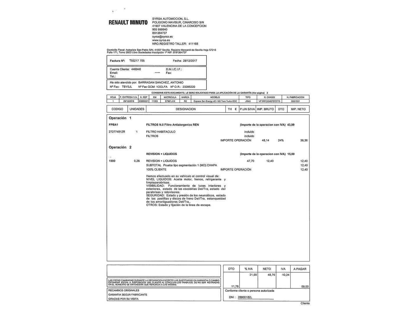 Foto del certificado del Renault Espace Renault Espace Zen Energy TT dCi (160 CV) EDC 7 Plazas
