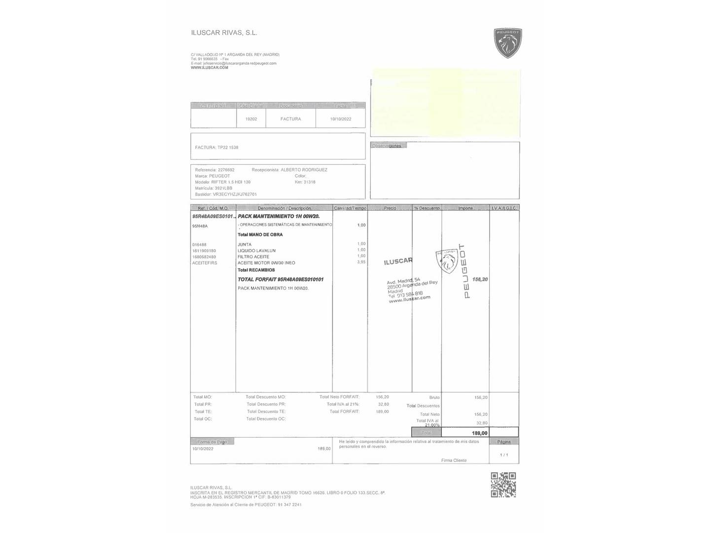 Foto del mantenimiento del Peugeot Rifter Peugeot Rifter BlueHDi 130 S&S Allure Standard (130 CV)
