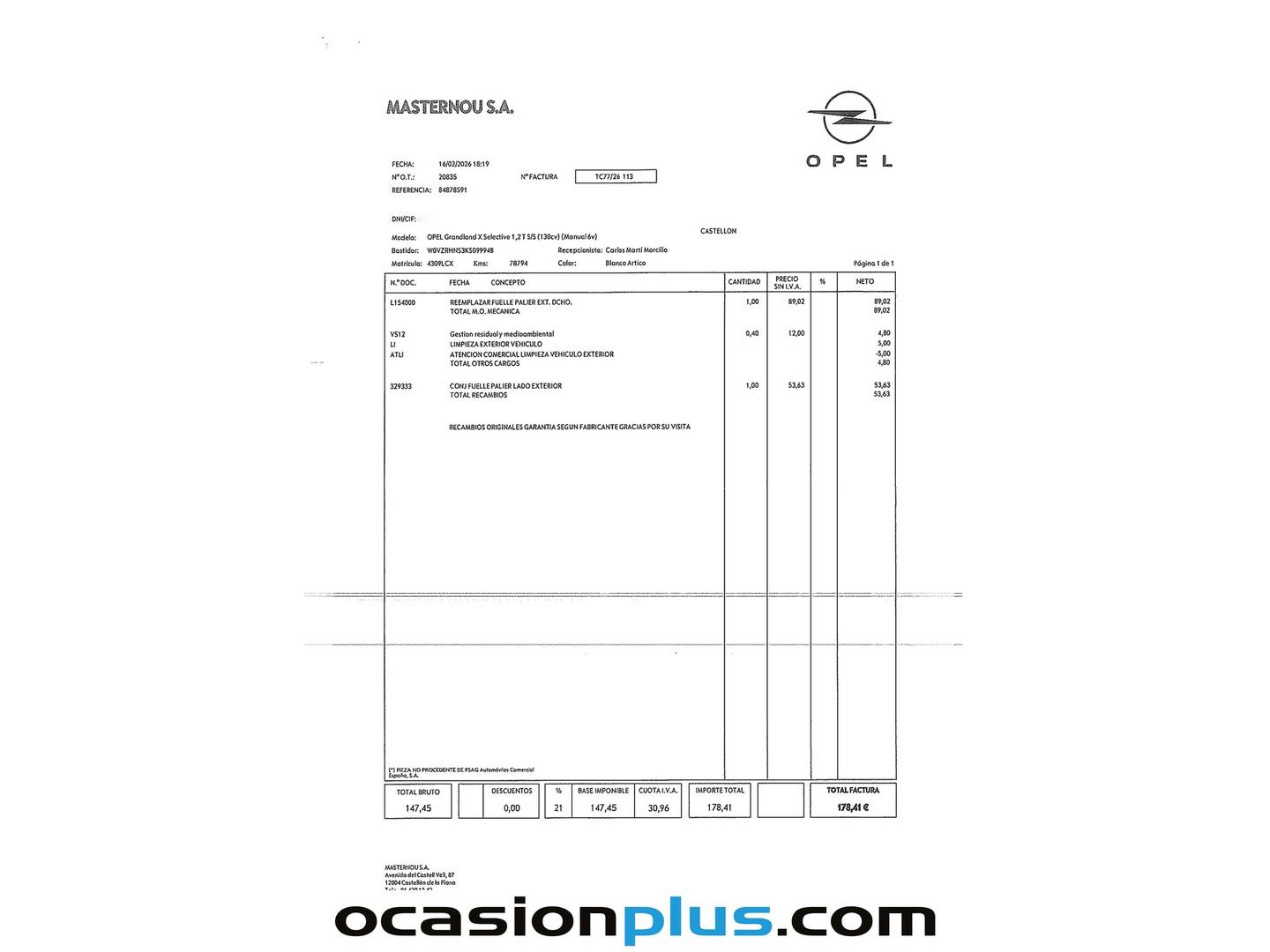 Foto del mantenimiento del Opel Grandland X Opel Grandland X 1.2 Turbo Selective (130 CV)