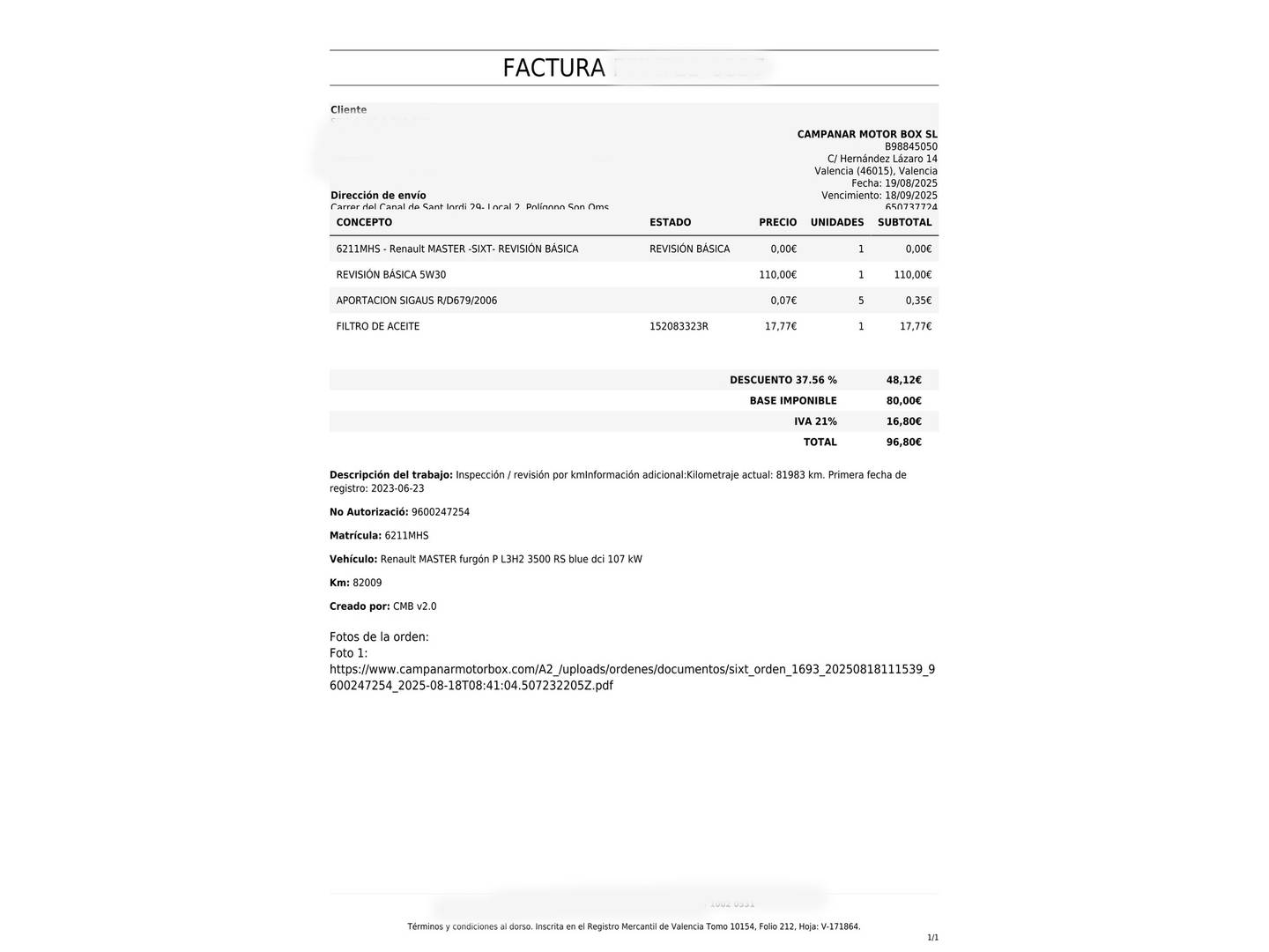Foto del mantenimiento del Renault Master Renault Master Furgon Furgon L3H2 3500 Energy RG dCi  (145 CV)