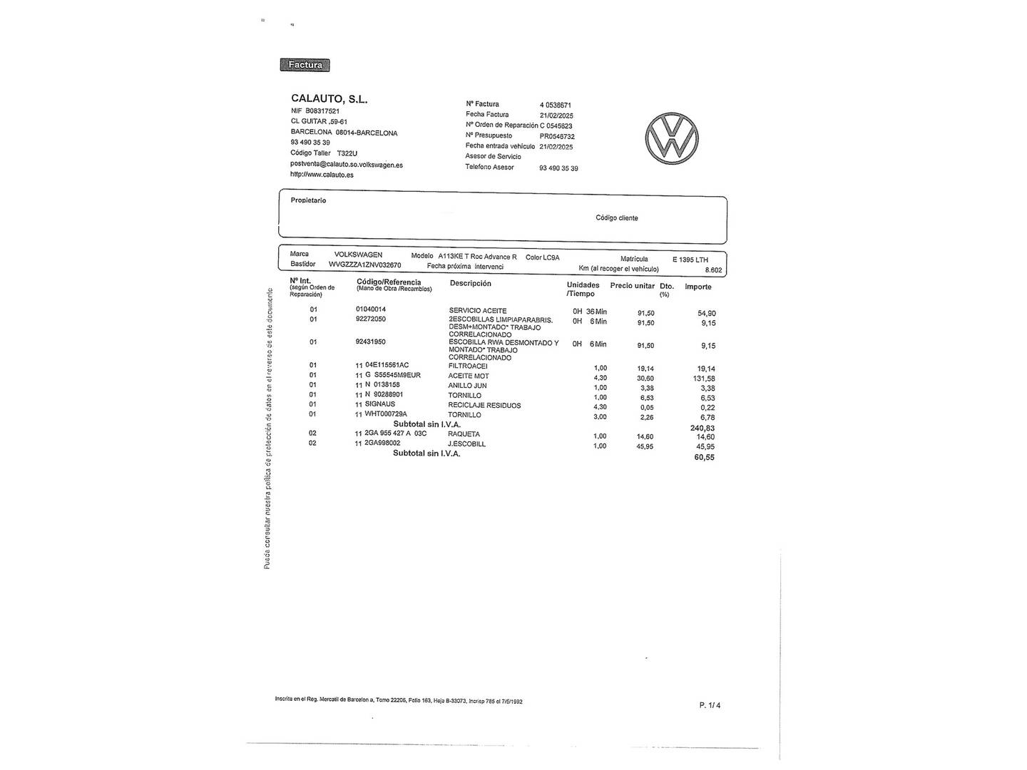 Foto del mantenimiento del Volkswagen T-Roc Volkswagen T-Roc Advance R-Line 1.5 TSI (150 CV) DSG