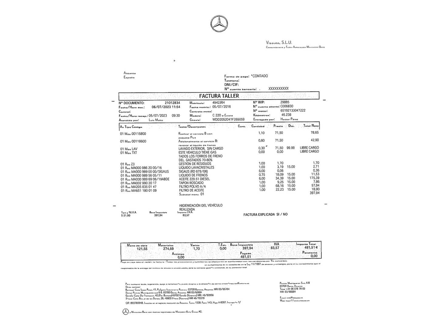 Foto del mantenimiento del Mercedes Clase C Mercedes Clase C C Estate 220 d Sportive Exclusive (170 CV) Pack AMG