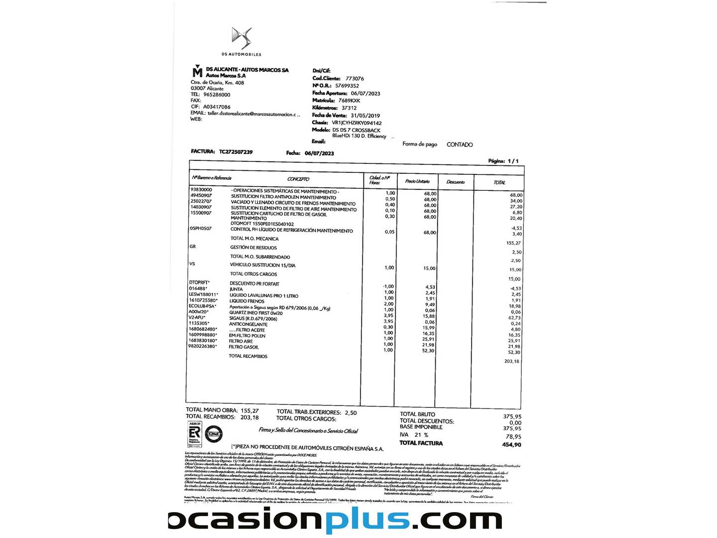 Foto del mantenimiento del DS DS 7 Crossback DS DS7 Crossback BlueHDi 130 Performance Line Auto (130 CV)