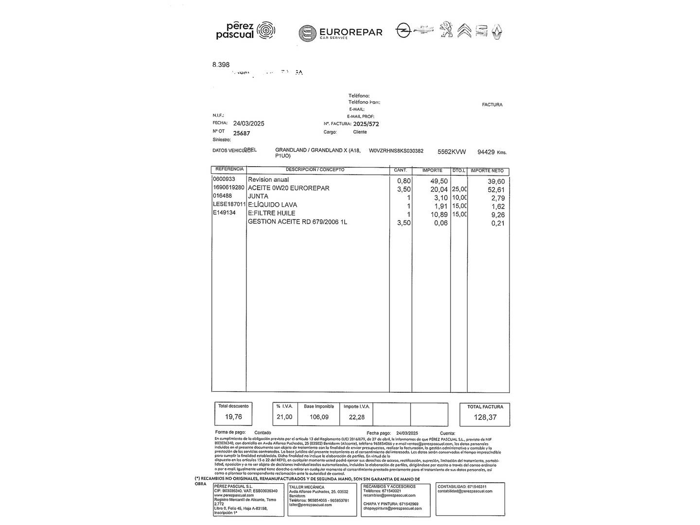 Foto del mantenimiento del Opel Grandland X Opel Grandland X 1.2 Turbo Selective (130 CV)