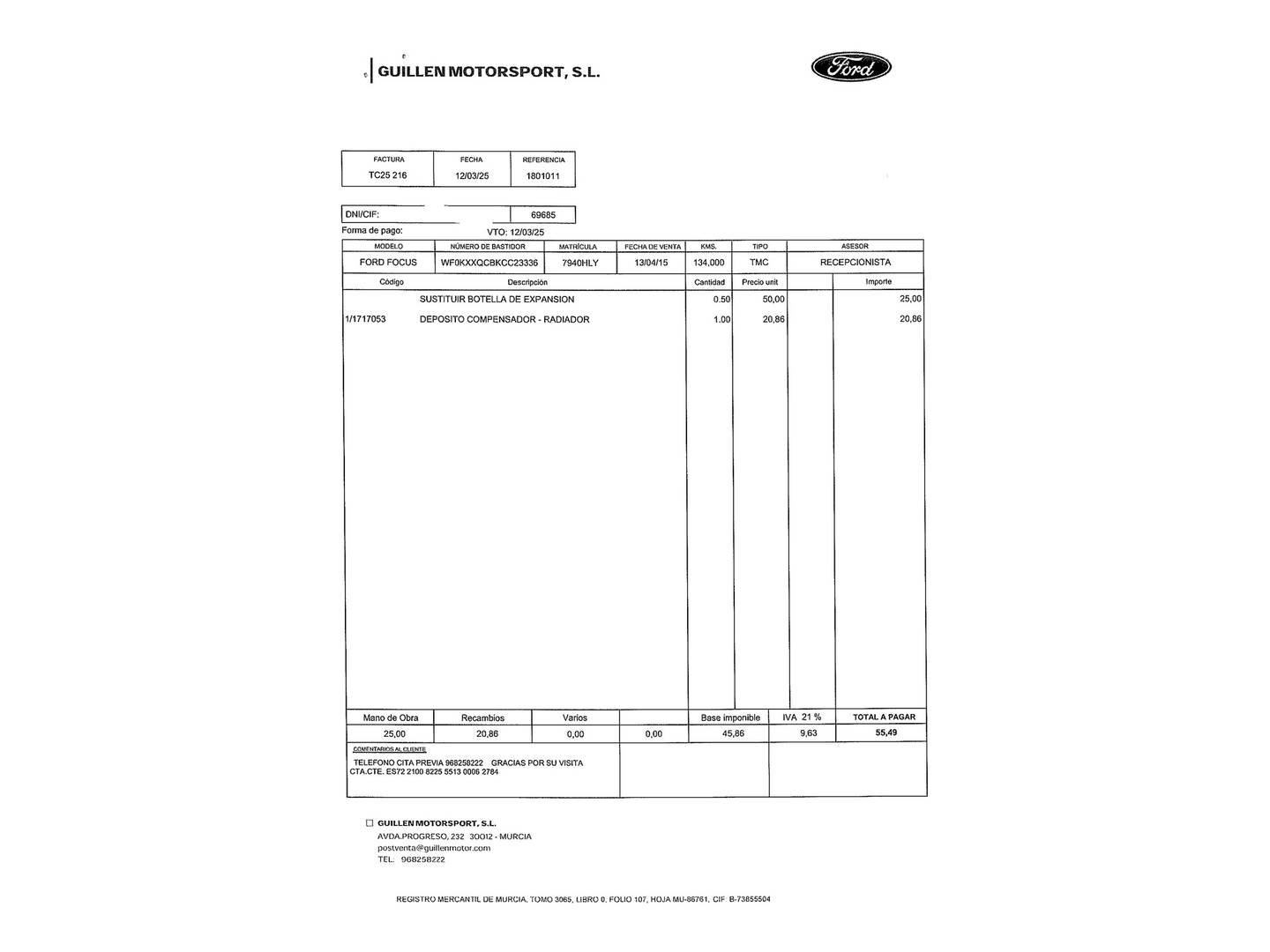 Foto del mantenimiento del Ford Focus Ford Focus Focus 1.0 Ecoboost Trend (125 CV)