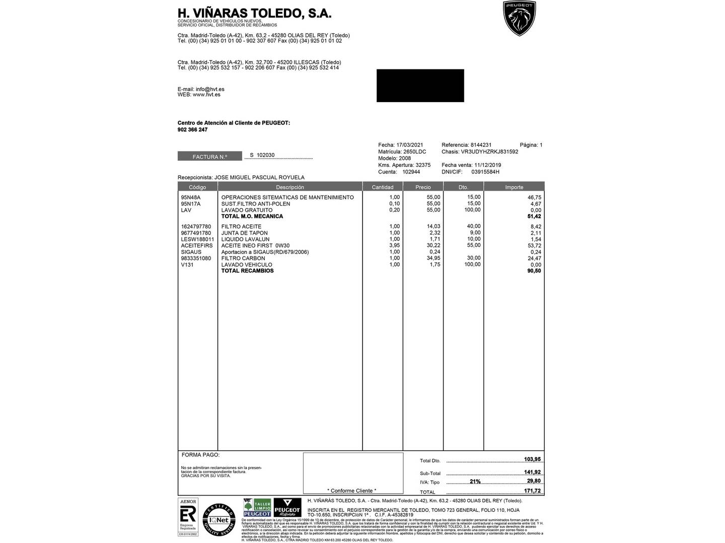Foto del mantenimiento del Peugeot 2008 Peugeot 2008 BlueHDi 130 S&S Allure EAT8 (130 CV)