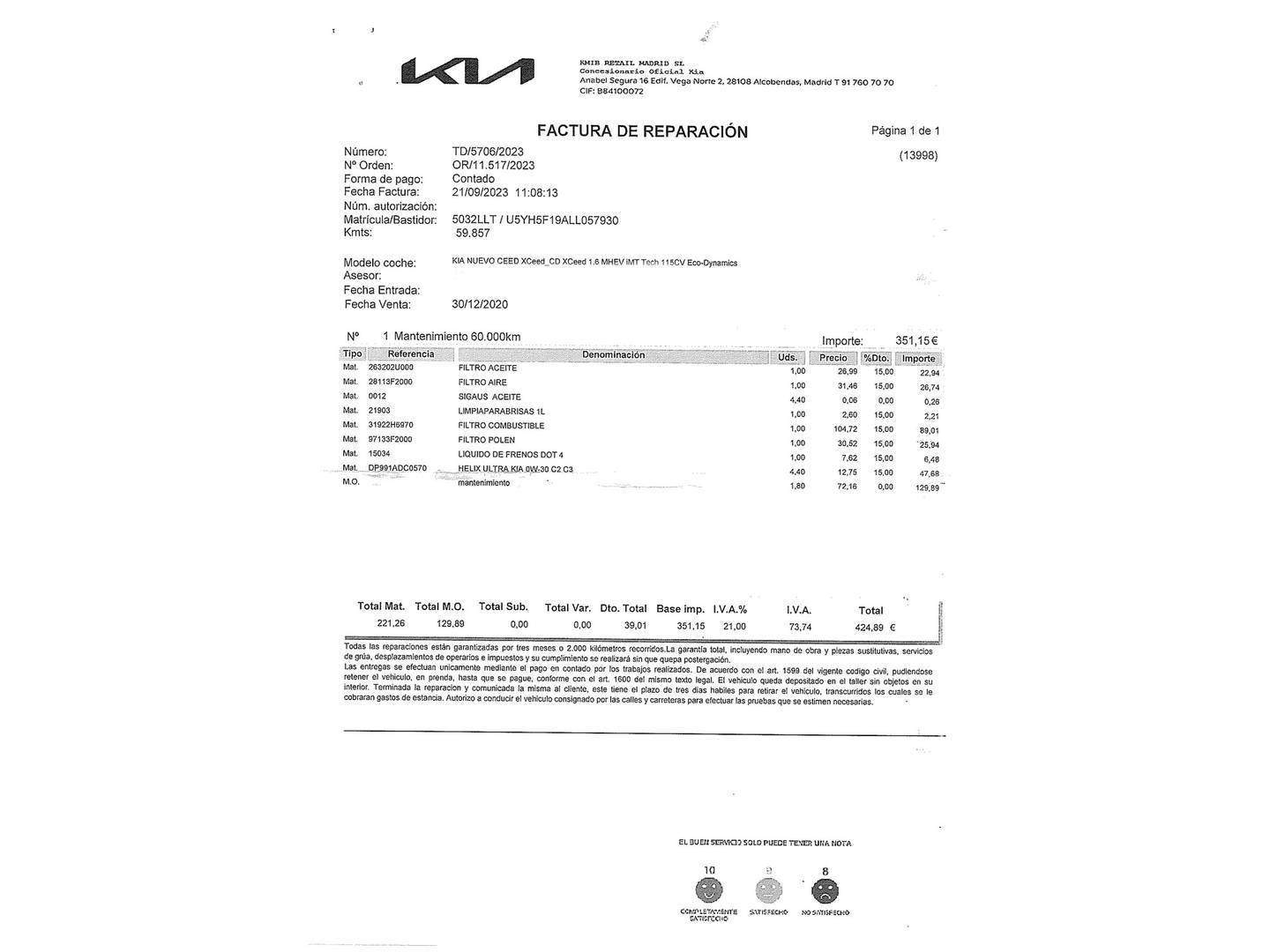 Foto del mantenimiento del KIA XCeed KIA XCeed 1.6 MHEV iMT Tech (115 CV)