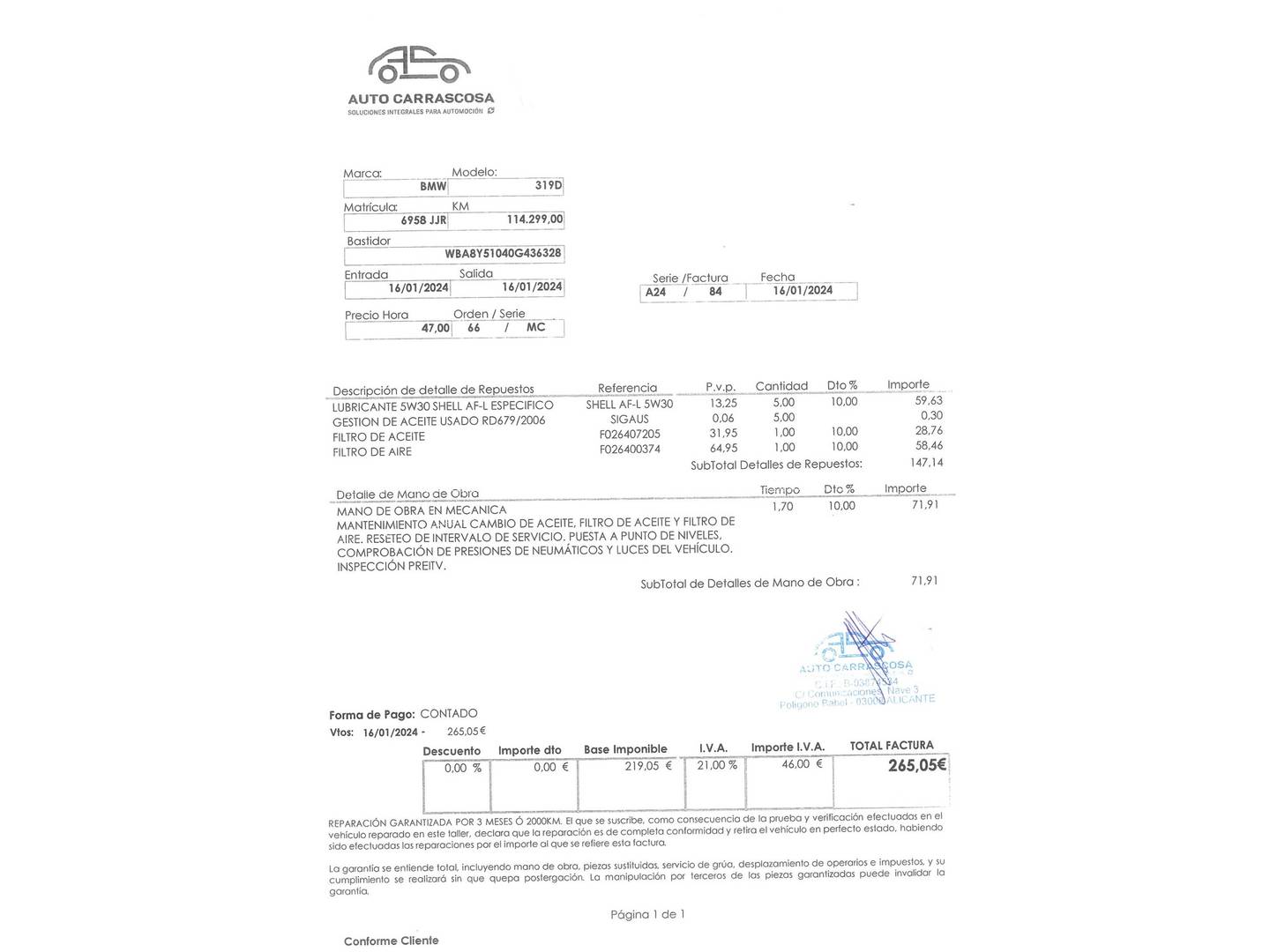 Foto del mantenimiento del BMW Serie 3 BMW Serie 3 318d Gran Turismo (150 CV)