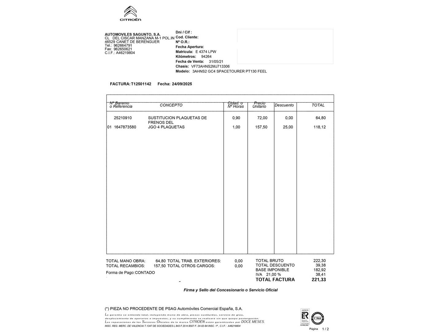 Foto del mantenimiento del Citroën Grand C4 Spacetourer Citroën Grand C4 Spacetourer PureTech 130 6v S&S Shine (130 CV) 7 Plazas
