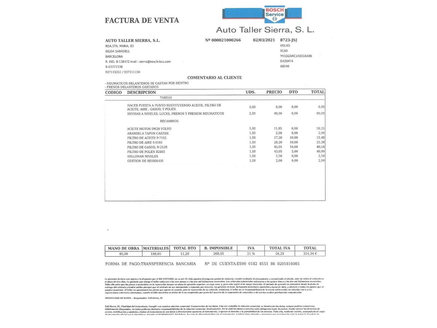 Foto del mantenimiento del Volvo XC60 Volvo XC60 D3 Kinetic (150 CV)