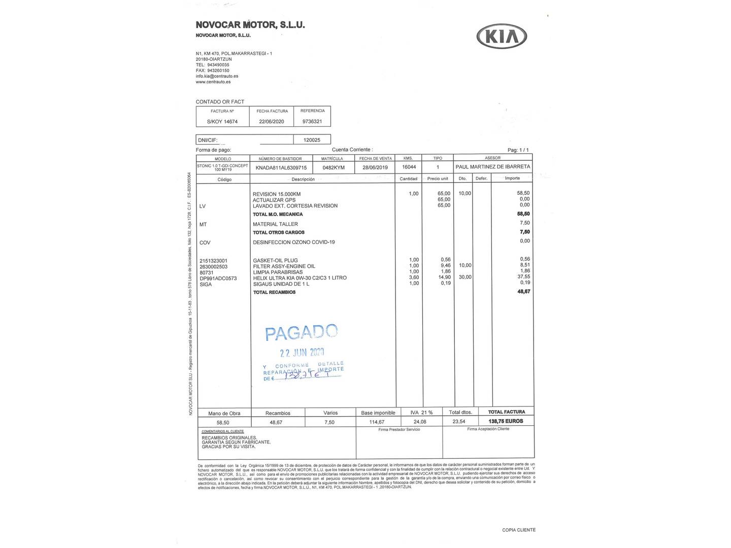 Foto del mantenimiento del KIA Stonic KIA Stonic 1.0 T-GDi Concept (100 CV)