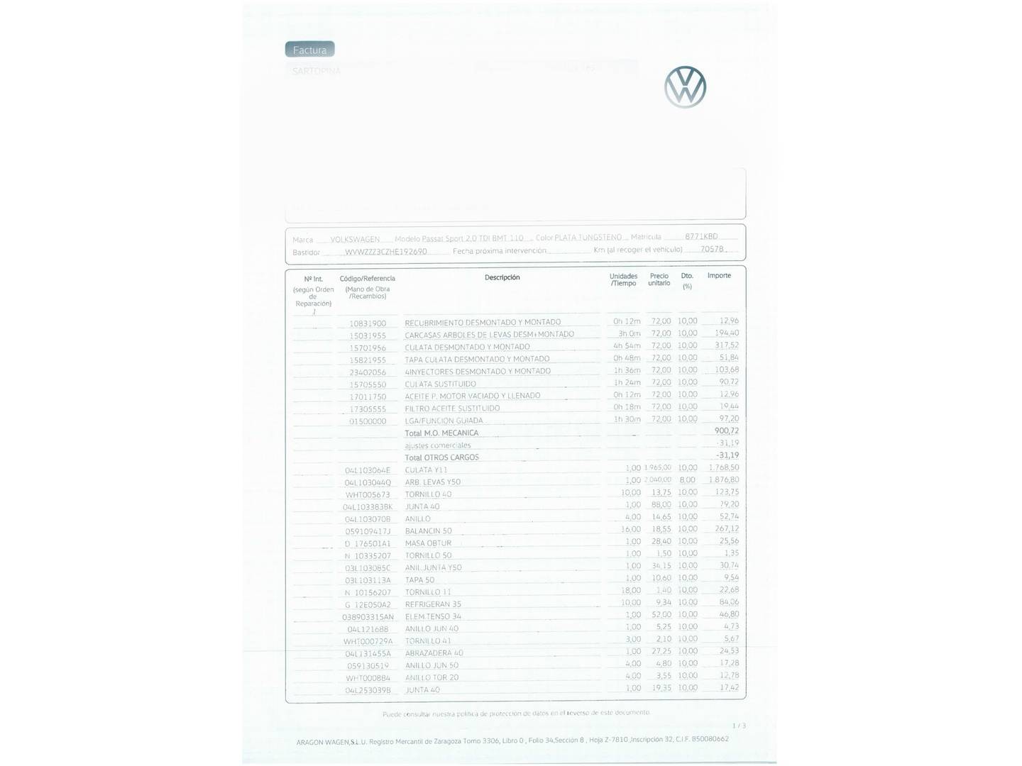Foto del mantenimiento del Volkswagen Passat Volkswagen Passat Sport 2.0 TDI BMT (150 CV)