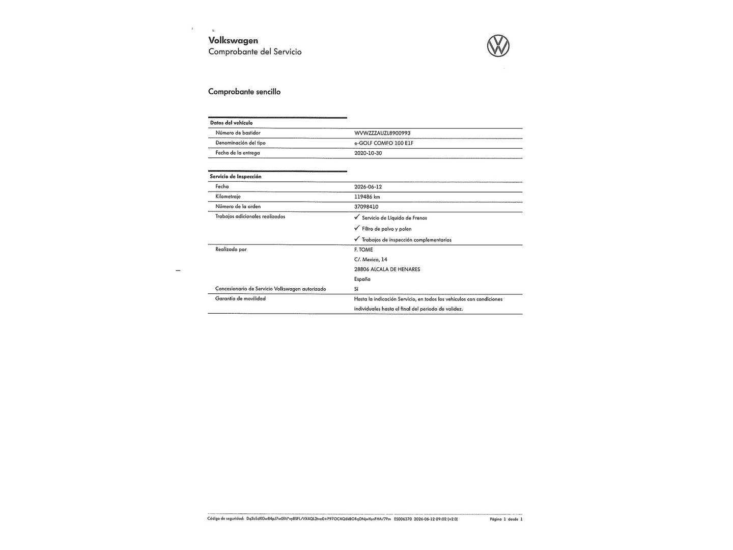 Foto del mantenimiento del Volkswagen Golf Volkswagen e-Golf ePower (136 CV)