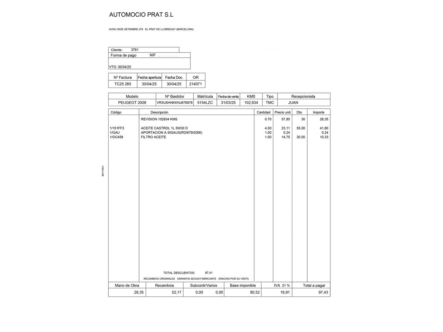 Foto del mantenimiento del Peugeot 2008 Peugeot 2008 Puretech 100 S&S Active Pack (100 CV)