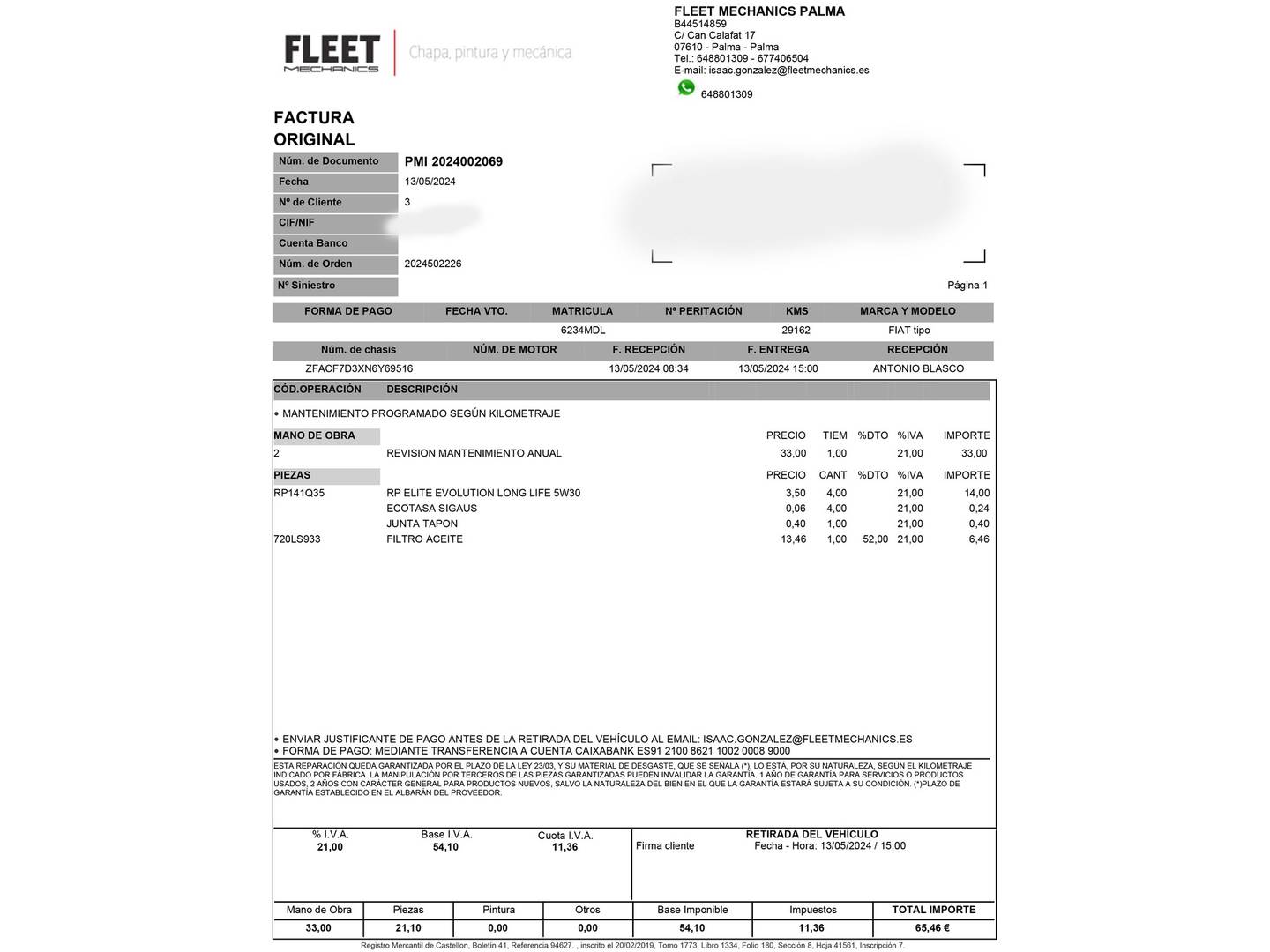 Foto del mantenimiento del Fiat Tipo Fiat Tipo HB 1.0 GSE (100CV)