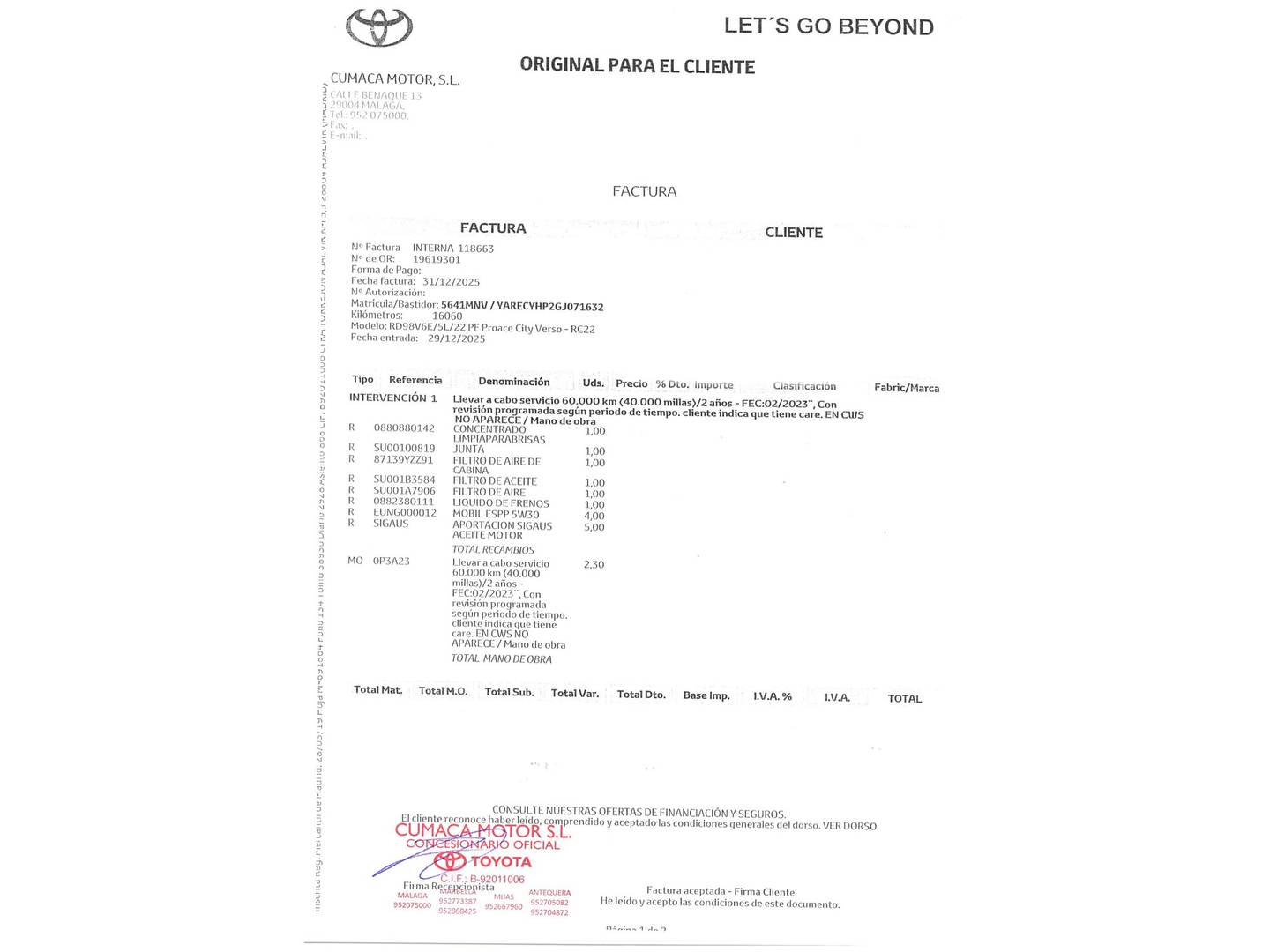 Foto del mantenimiento del Toyota Proace City Verso Toyota Proace City Verso 1.5D L1 VX (131 CV)