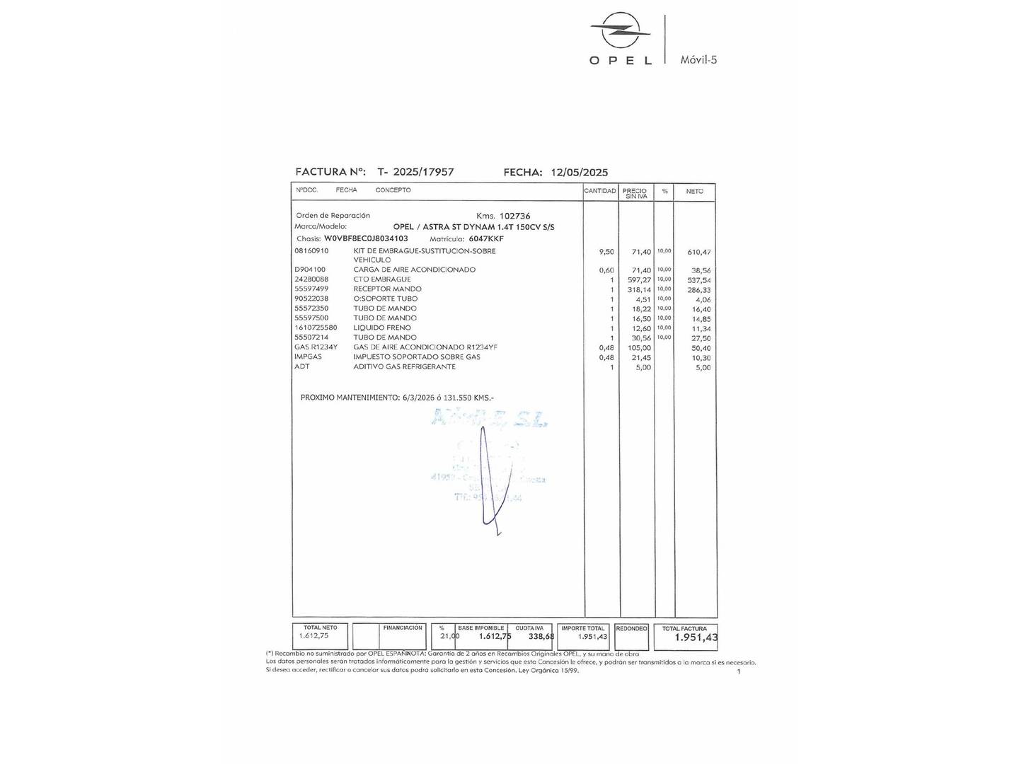 Foto del mantenimiento del Opel Astra Opel Astra 1.4 Turbo S&S Dynamic  (150 CV)