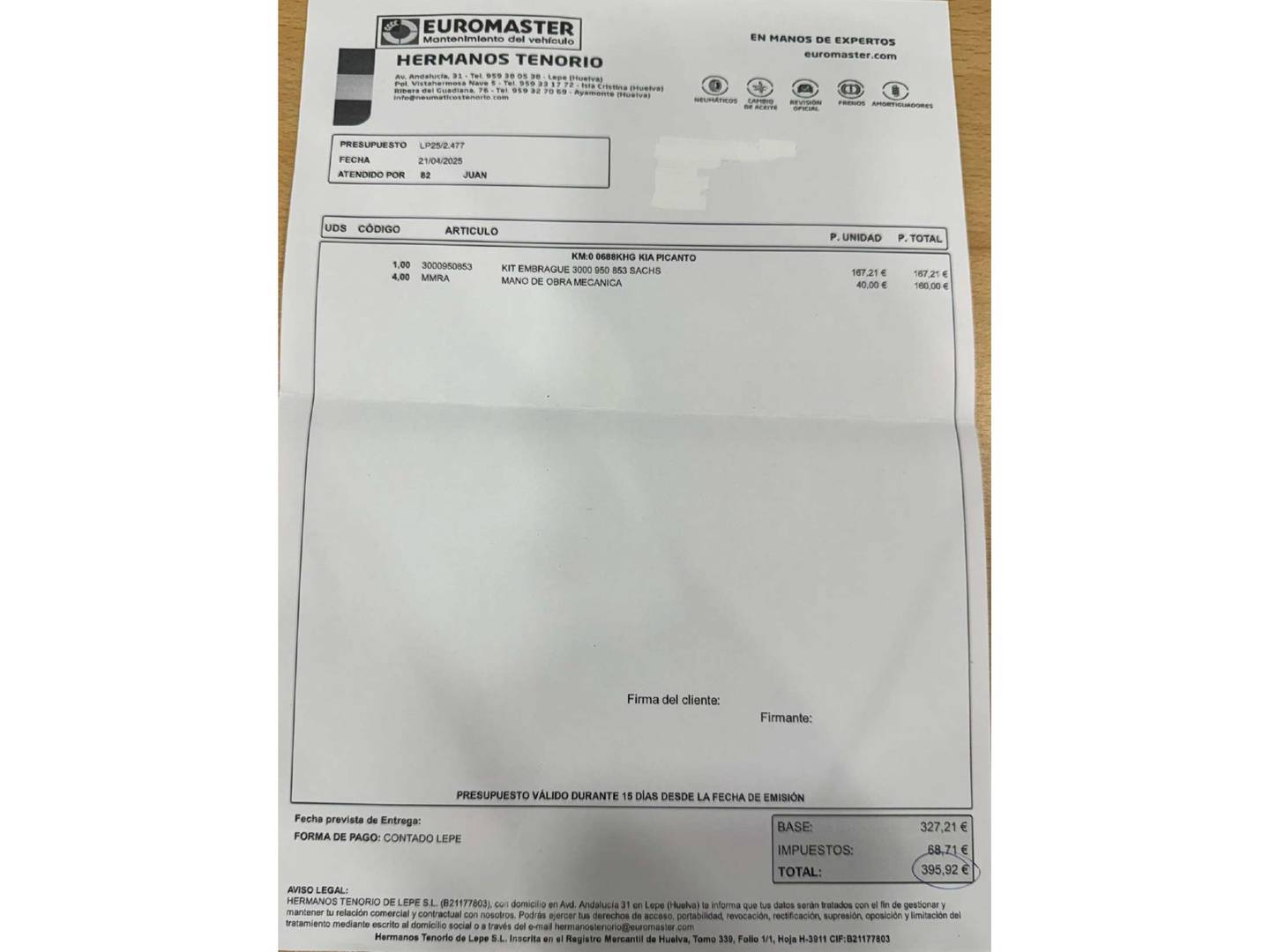 Foto del mantenimiento del KIA Picanto KIA Picanto 1.0 CVVT Concept Pack Comfort (67 CV)